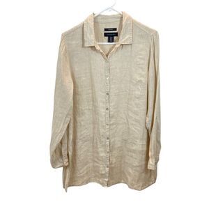Tahari Ivory Linen Button Up Side Slit Long‎ Sleeve Tunic Top Size Medium